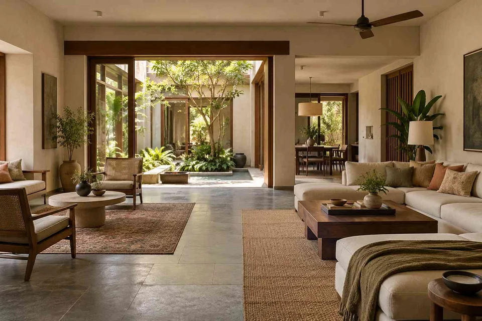 AI-generated living room design concept: formal and family zones, courtyard modern direction