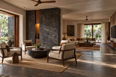 AI-generated living room design concept: formal and family zones, deccan stone direction