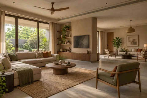 AI-generated living room design concept: formal and family zones, earth and bamboo direction