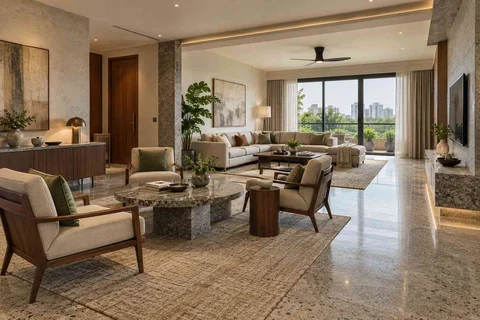 AI-generated living room design concept: formal and family zones, granite precision direction