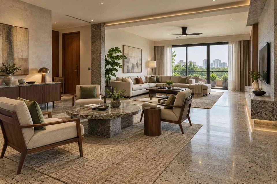 AI-generated living room design concept: formal and family zones, granite precision direction
