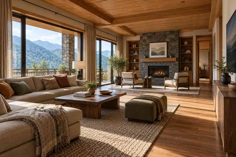 AI-generated living room design concept: formal and family zones, hill timber direction