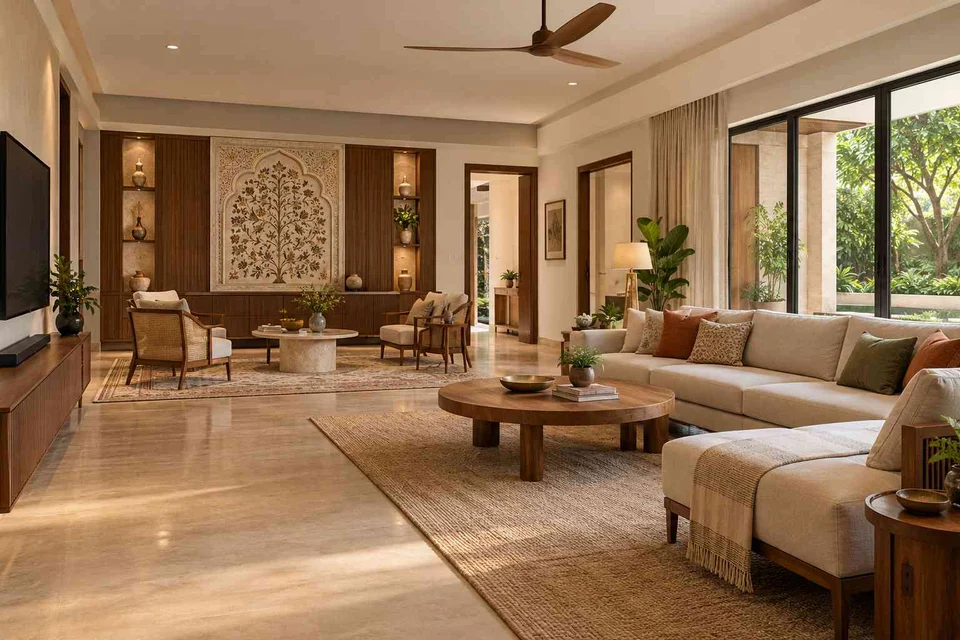 AI-generated living room design concept: formal and family zones, inlay atelier direction