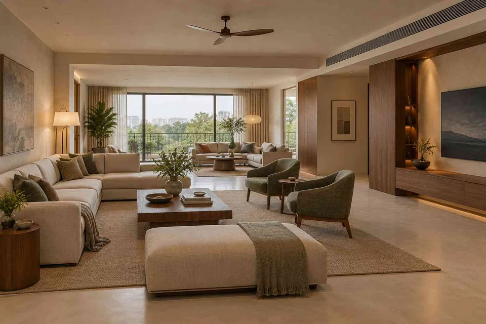 AI-generated living room design concept: formal and family zones, lime and walnut direction