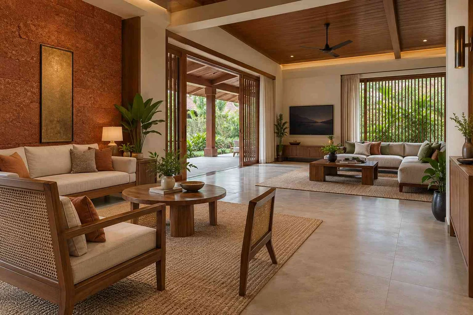AI-generated living room design concept: formal and family zones, malabar timber direction