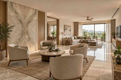 AI-generated living room design concept: formal and family zones, marble restraint direction