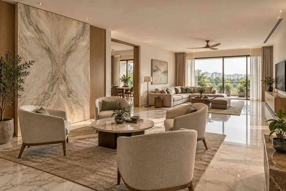 AI-generated living room design concept: formal and family zones, marble restraint direction