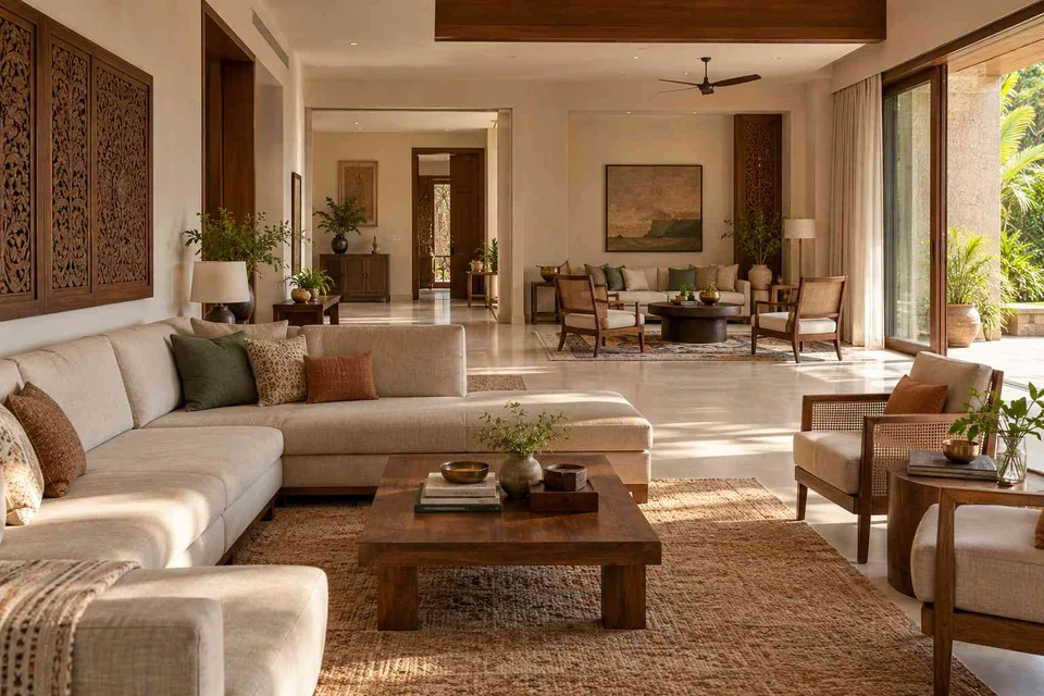 AI-generated living room design concept: formal and family zones, modern carved direction