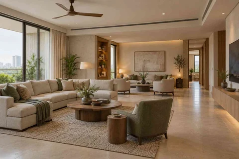 AI-generated living room design concept: formal and family zones, quiet contemporary direction
