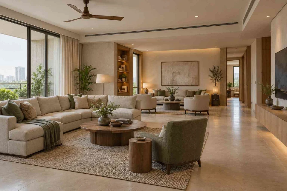 AI-generated living room design concept: formal and family zones, quiet contemporary direction