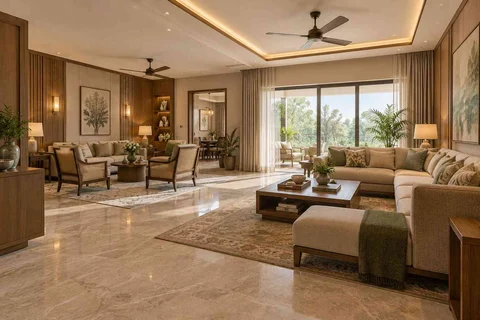 AI-generated living room design concept: formal and family zones, quiet transitional direction
