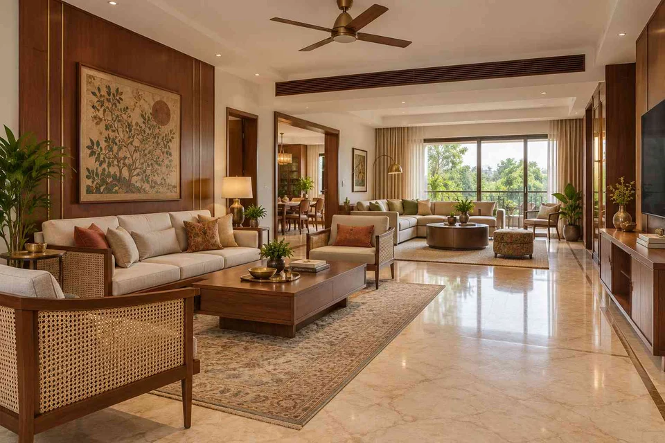 AI-generated living room design concept: formal and family zones, rosewood brass direction
