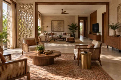 AI-generated living room design concept: formal and family zones, sandstone lattice direction