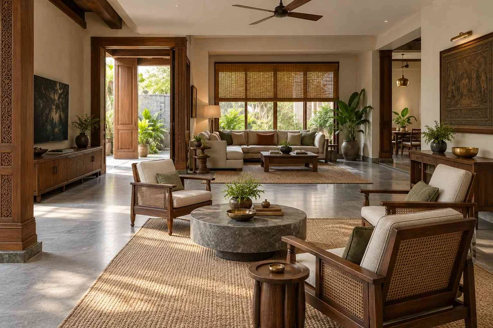 AI-generated living room design concept: formal and family zones, teak craft direction