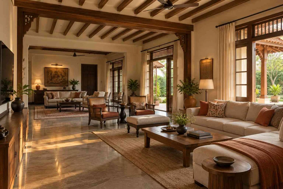 AI-generated living room design concept: formal and family zones, terracotta heritage direction