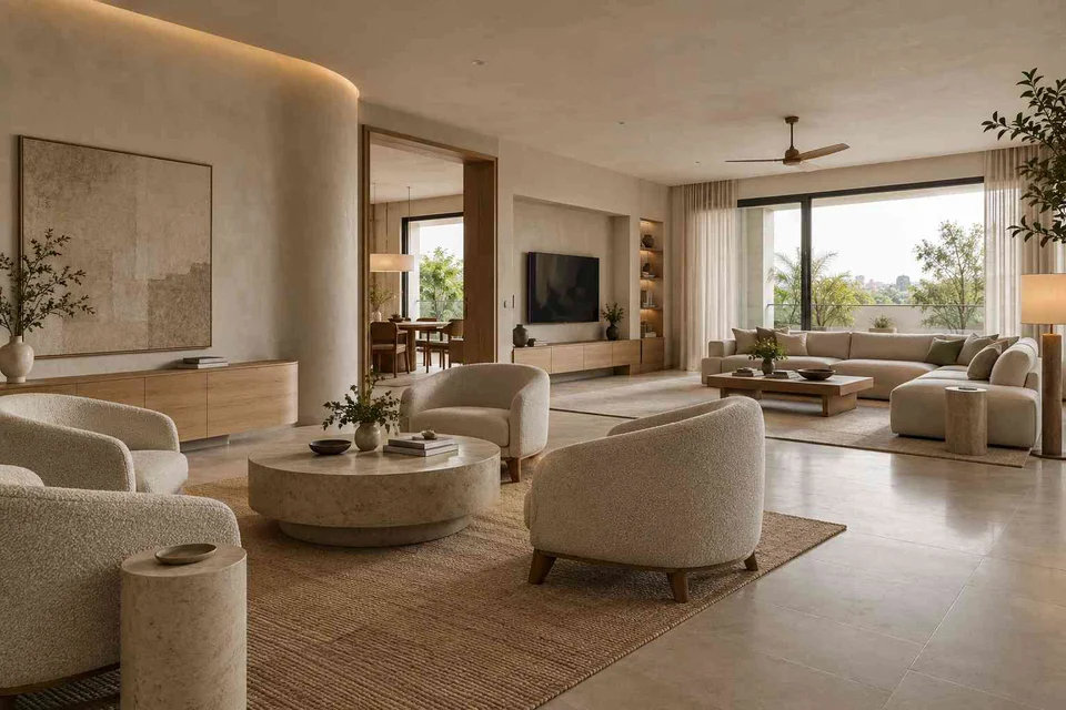 AI-generated living room design concept: formal and family zones, textured mineral direction