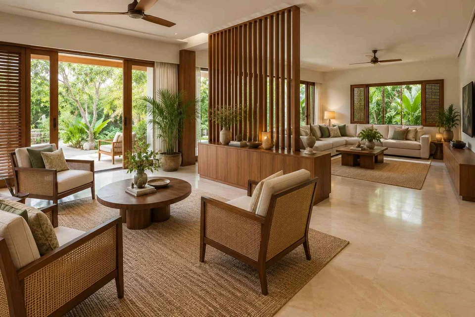 AI-generated living room design concept: formal and family zones, tropical slatted direction