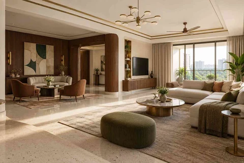 AI-generated living room design concept: formal and family zones, urban deco direction