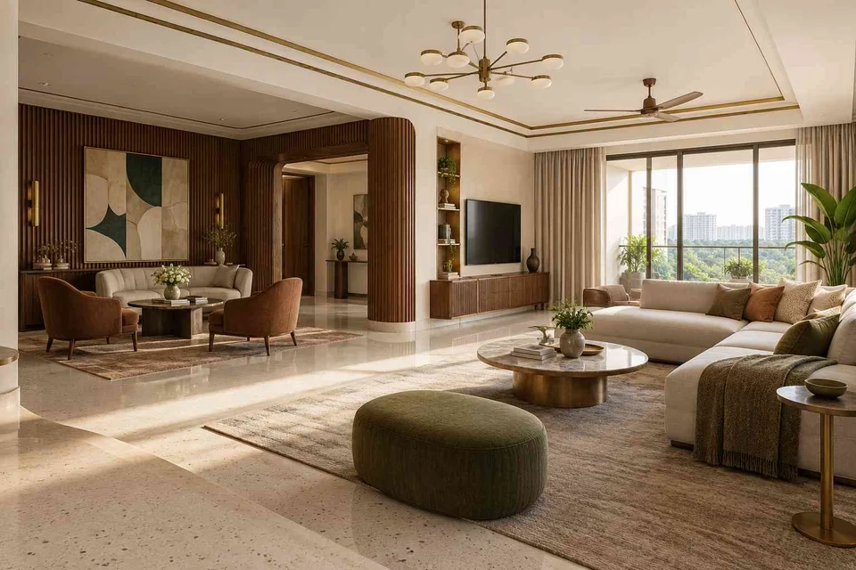 AI-generated living room design concept: formal and family zones, urban deco direction
