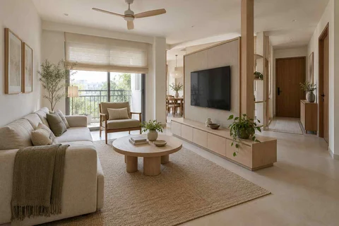 AI-generated living room design concept: freestanding media divider, ash and linen direction
