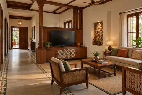 AI-generated living room design concept: freestanding media divider, chettinad tile direction