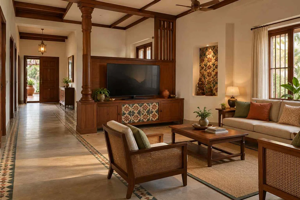 AI-generated living room design concept: freestanding media divider, chettinad tile direction