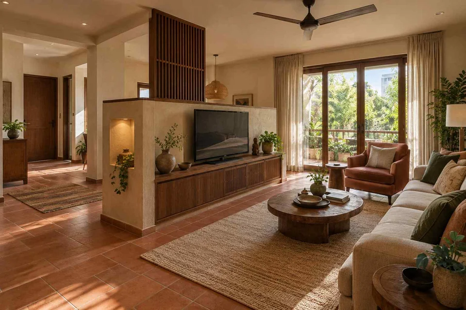 AI-generated living room design concept: freestanding media divider, clay artisan direction