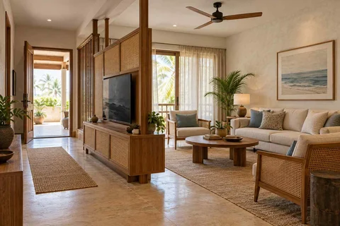 AI-generated living room design concept: freestanding media divider, coastal woven direction