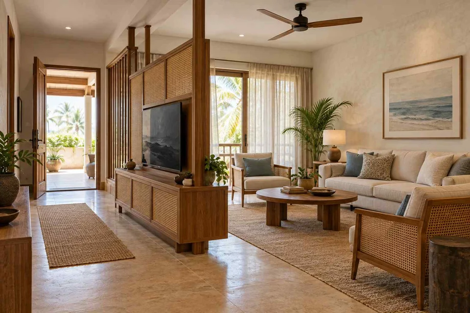 AI-generated living room design concept: freestanding media divider, coastal woven direction