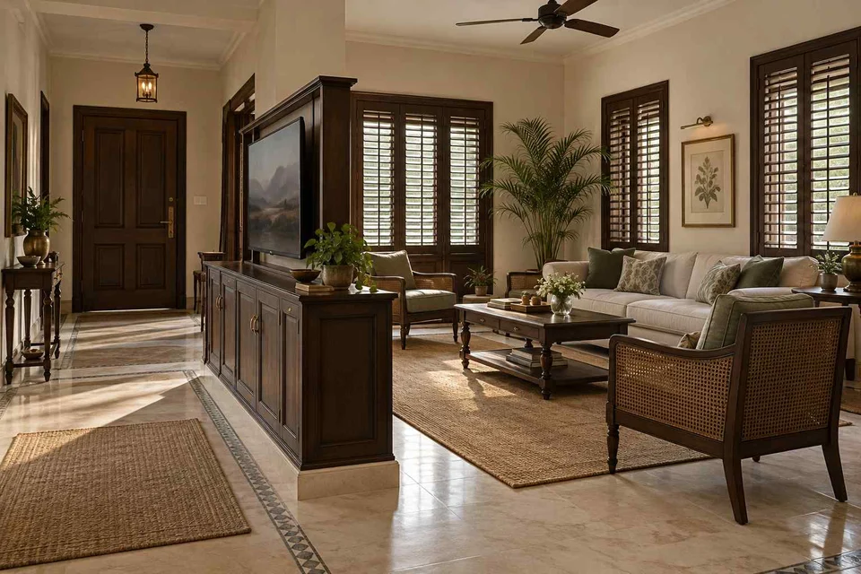 AI-generated living room design concept: freestanding media divider, colonial quiet direction