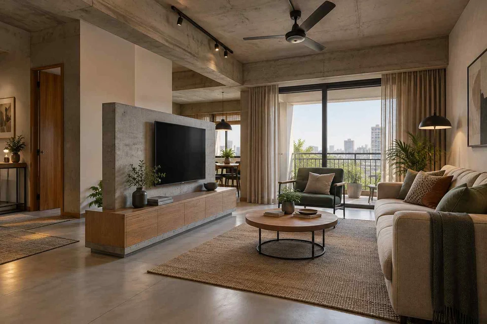 AI-generated living room design concept: freestanding media divider, concrete and oak direction