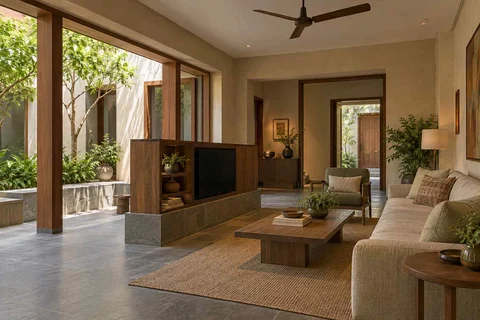 AI-generated living room design concept: freestanding media divider, courtyard modern direction
