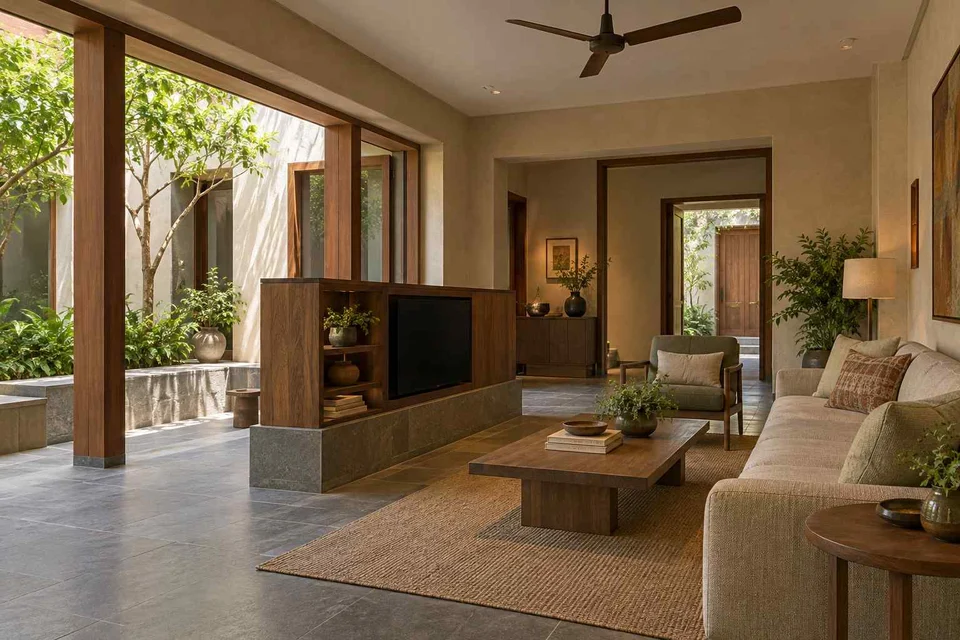AI-generated living room design concept: freestanding media divider, courtyard modern direction