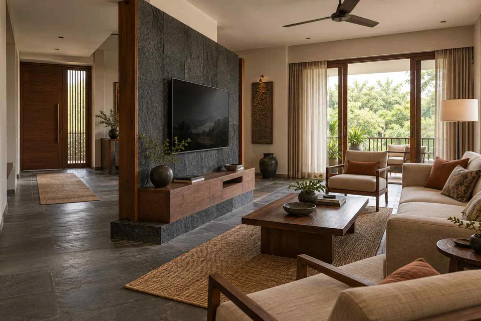 AI-generated living room design concept: freestanding media divider, deccan stone direction