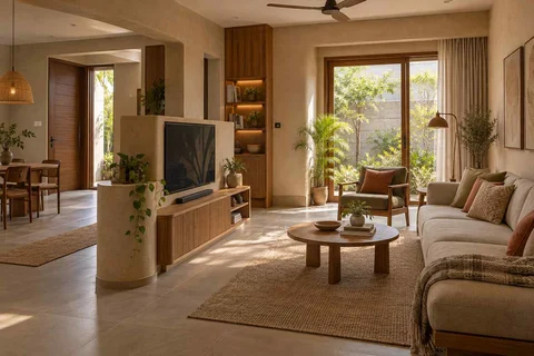AI-generated living room design concept: freestanding media divider, earth and bamboo direction