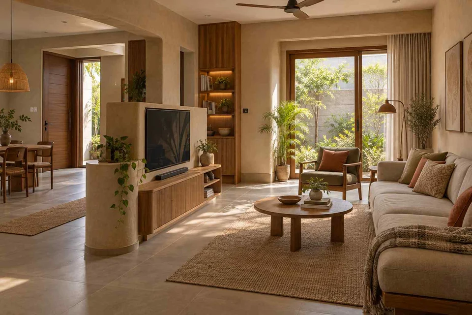 AI-generated living room design concept: freestanding media divider, earth and bamboo direction