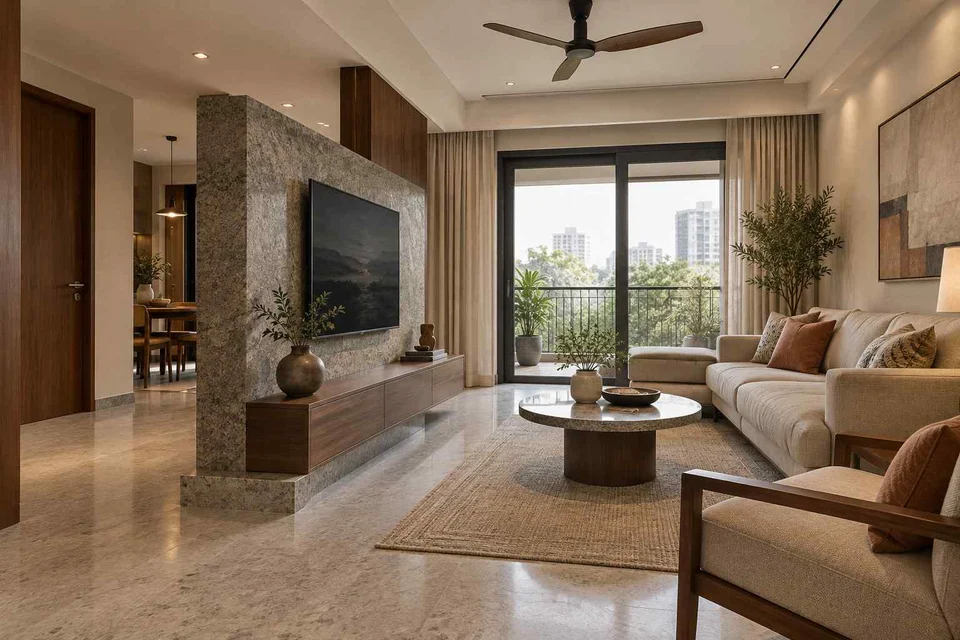AI-generated living room design concept: freestanding media divider, granite precision direction