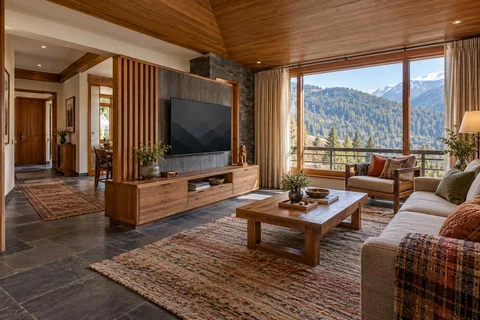 AI-generated living room design concept: freestanding media divider, hill timber direction