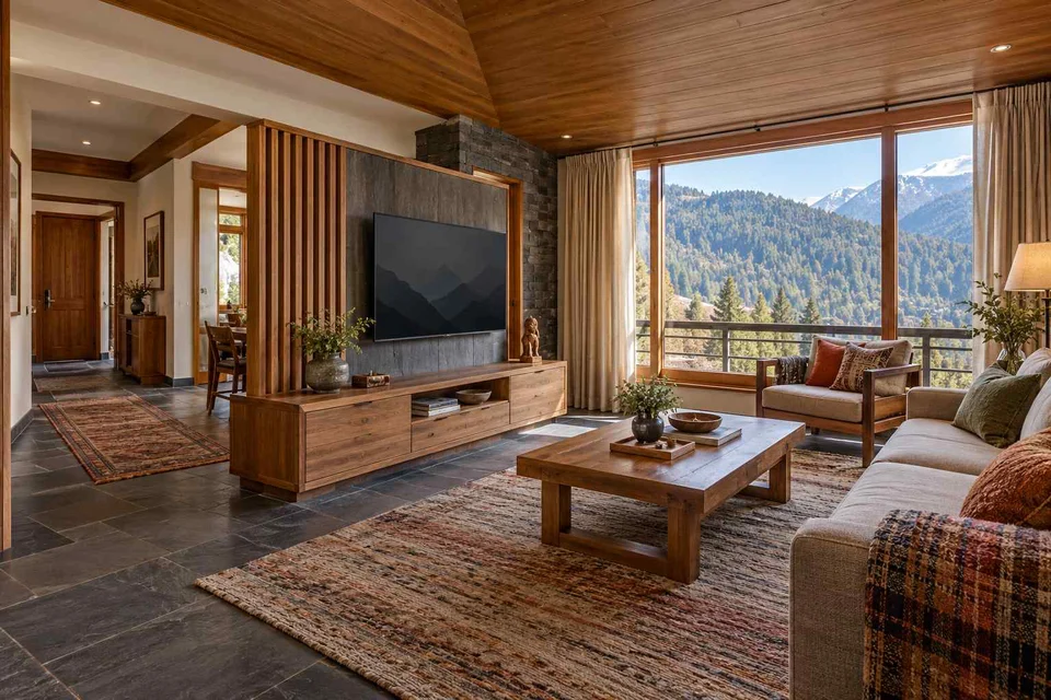 AI-generated living room design concept: freestanding media divider, hill timber direction