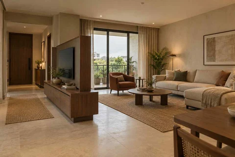 AI-generated living room design concept: freestanding media divider, lime and walnut direction