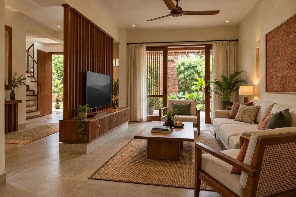 AI-generated living room design concept: freestanding media divider, malabar timber direction