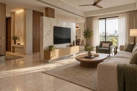 AI-generated living room design concept: freestanding media divider, marble restraint direction