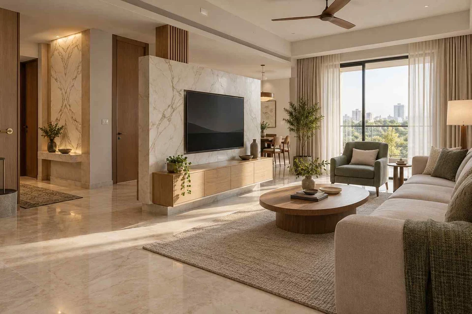 AI-generated living room design concept: freestanding media divider, marble restraint direction