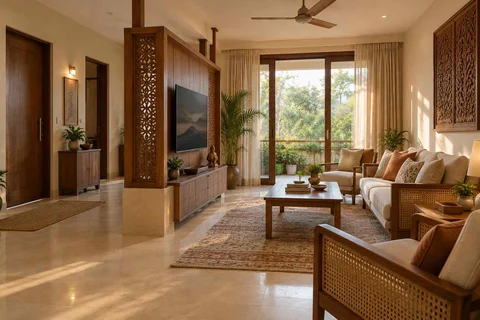 AI-generated living room design concept: freestanding media divider, modern carved direction