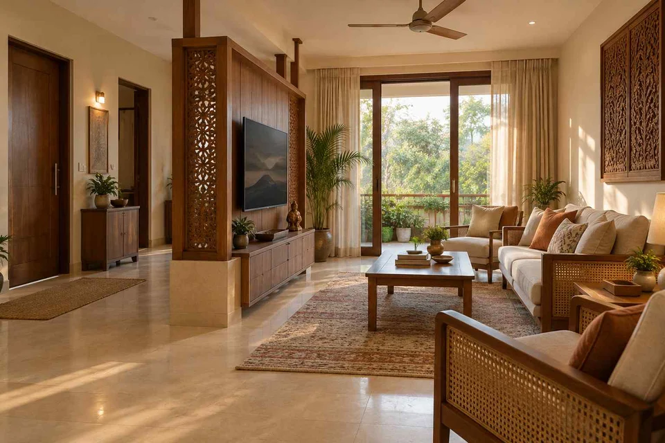AI-generated living room design concept: freestanding media divider, modern carved direction