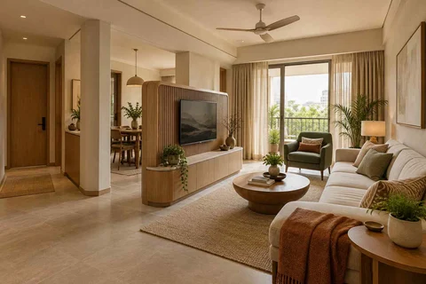 AI-generated living room design concept: freestanding media divider, quiet contemporary direction