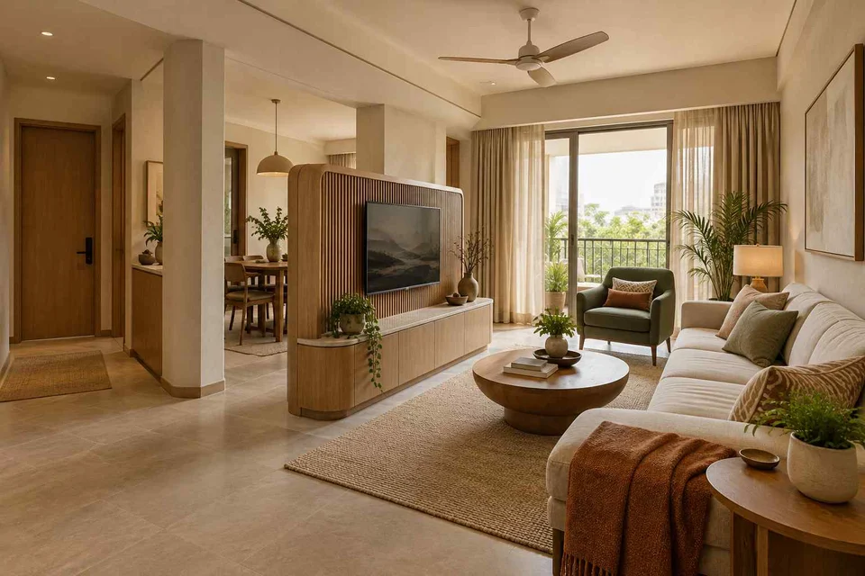 AI-generated living room design concept: freestanding media divider, quiet contemporary direction