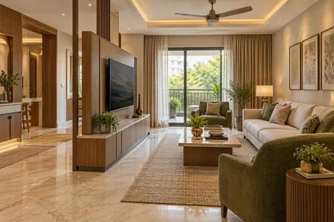AI-generated living room design concept: freestanding media divider, quiet transitional direction