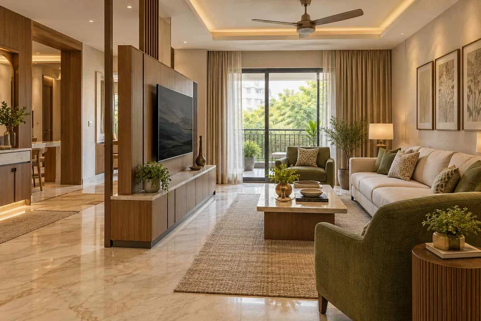 AI-generated living room design concept: freestanding media divider, quiet transitional direction