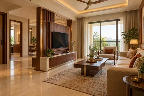 AI-generated living room design concept: freestanding media divider, rosewood brass direction